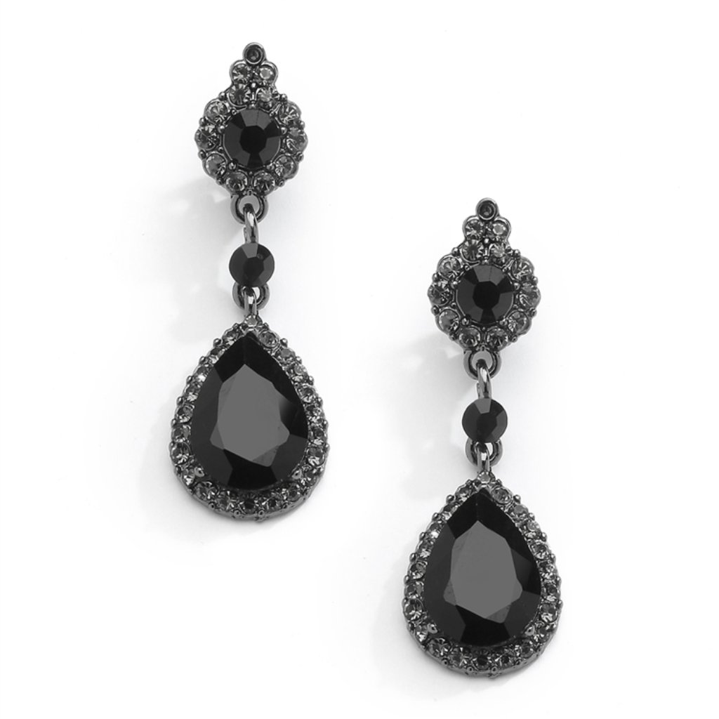 Jet Black Crystal Earrings With Teardrop Dangles